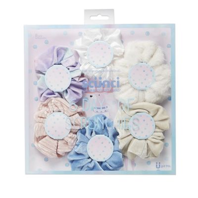 The Original Scrunchie Girls Fashion Gift Set Includes 6 Unique Designs: Pastel Rainbow Velvet, Cream Velour, Pink Velvet, White Faux Fur, Blue Velour, White Satin in Presentation Box