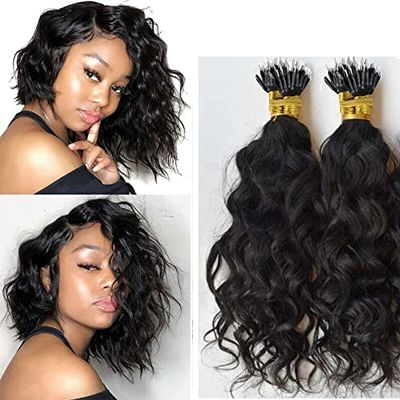 Loose Wave Nano Ring I Tip Human Hair Extension Brazilian Remy Pre Bonded Nano Rings Human Hair Micro Beads Short Loose Wave Microlinks Hair Bundles 100g 100strands (16inch 100strands, #1(Jet Black))