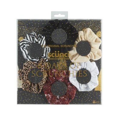 The Original Scrunchie Six Days of Scrunchies Glamour Gift Set Includes 6 Unique Designs: Tan Dot Chiffon, White Velour, Black Velvet, Black & White Striped Satin, Beige Corduroy in Presentation Box