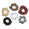 The Original Scrunchie Six Days of Scrunchies Glamour Gift Set Includes 6 Unique Designs: Tan Dot Chiffon, White Velour, Black Velvet, Black & White Striped Satin, Beige Corduroy in Presentation Box view 2