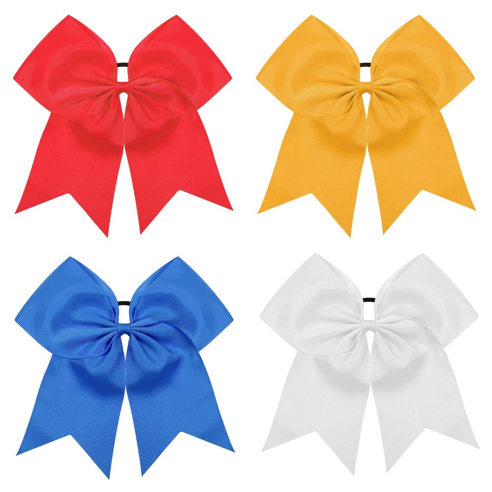 TUUXI 4pcs Large Cheering Bows 8 Inch for Hair Cheerleading Bows Ponytail Holder Ribbon Elastics Hair Ties Bands for Cheerleader Softball Football Competition College Sport Red Yellow Blue White