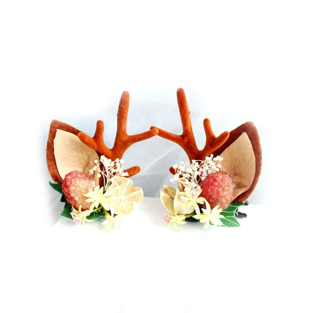 Christmas Hair Clips with Flower Horn Reindeer Antlers Hair Accessories Barrettes for Women Girls Christmas Gift (Red Strawberry)