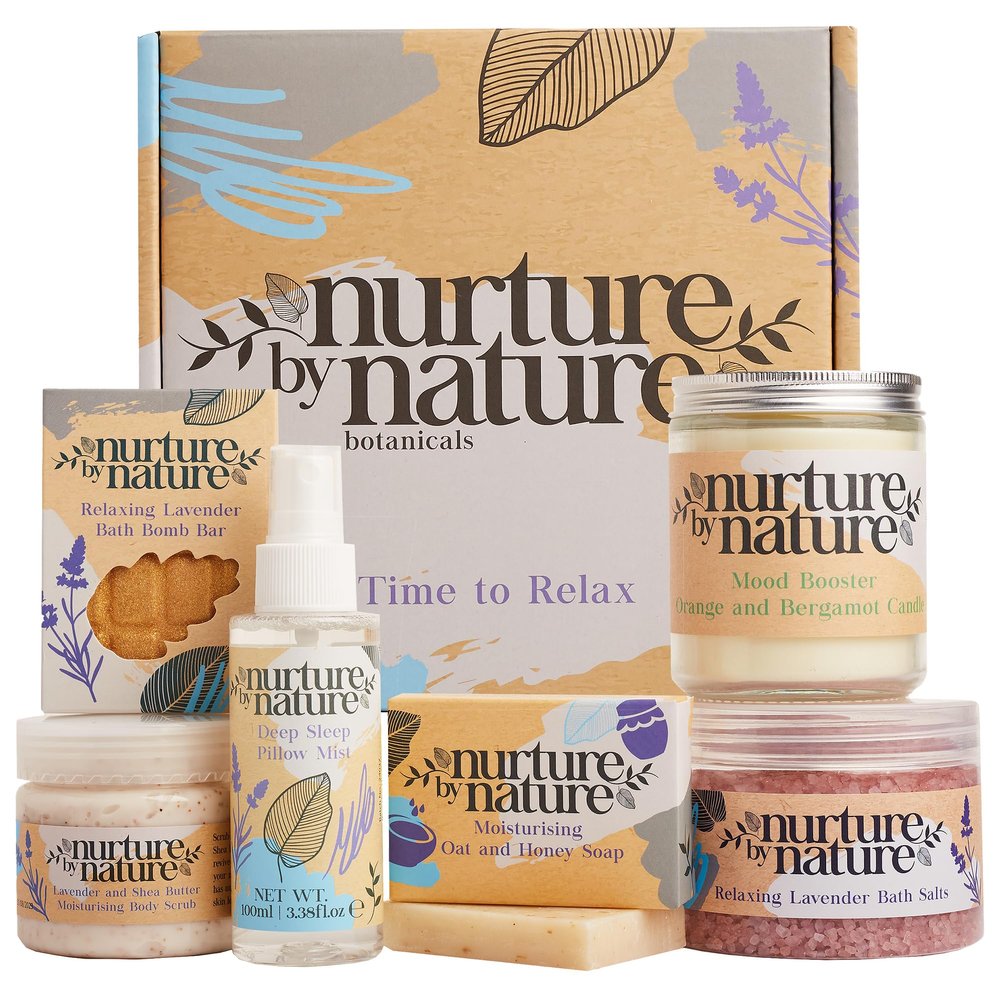 NURTURE BY NATURE Relax & Calm Christmas Gift Basket  Spa Gifts for Women with Bath Bomb, Hand Cream, Lavender Pillow Mist & Scented Candle - Stocking Stuffers, Holiday Gifts, Gifts for Mom
