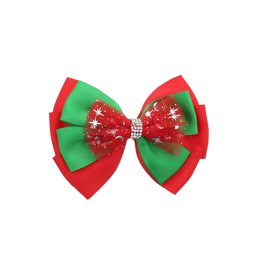 6 inch Christmas Bow for Girls Xmas Hairbow - Stars Chiffon with Rhinestones