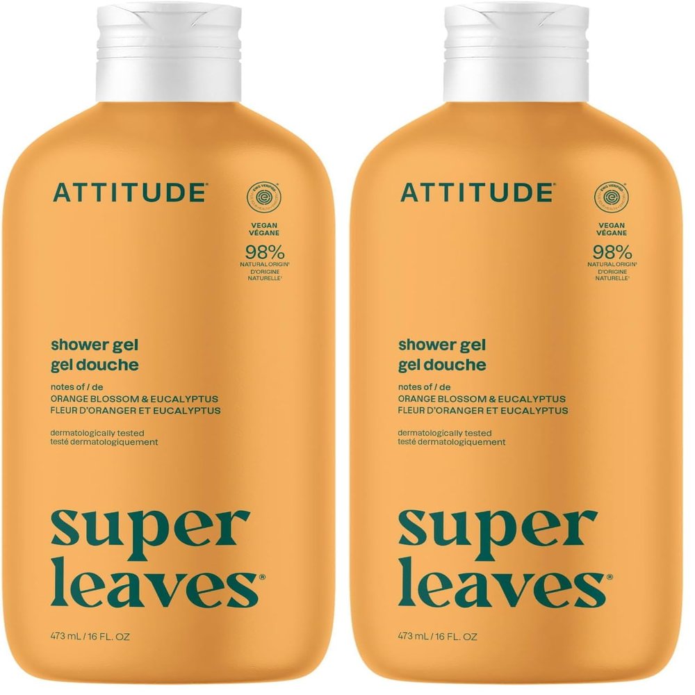 ATTITUDE Natural Moisturizing Body Wash, EWG Safe, Gentle on Sensitive Skin, Hypoallergenic Energizing Shower Gel, Orange Leaves, 16 Fl Oz (Pack of 2)