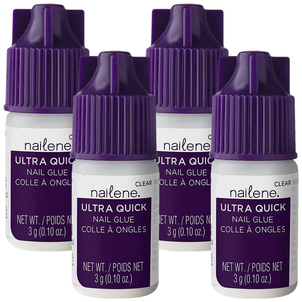 Nailene Ultra Quick Nail Glue, 0.10 oz Durable, Easy to Apply False Nail Glue Repairs Natural Nails Quick-Drying Nail Adhesive Lasts Up to 7 Days Nail Care Essential (Pack of 4)