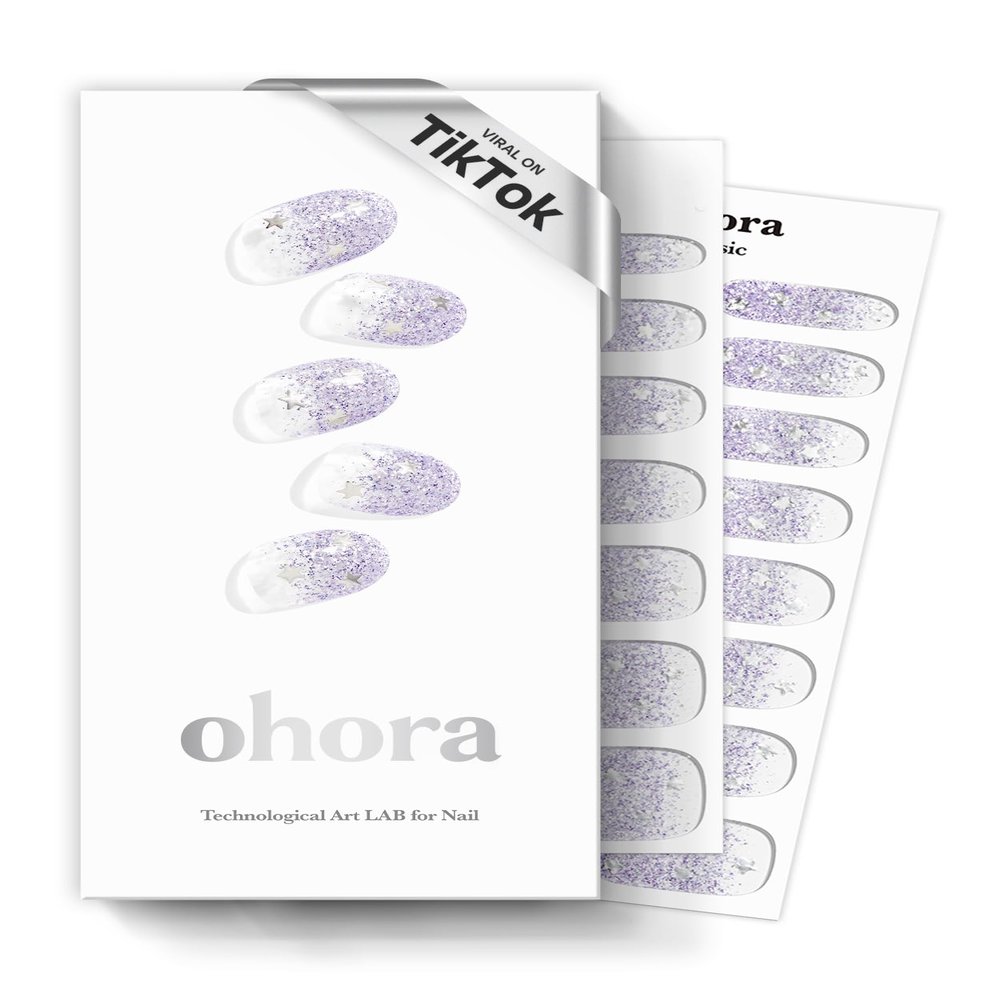 ohora Semi Cured Gel Nail Strips (N Shooting Star) - Purple, Glitter, Works with Any UV/LED Lamps, Salon-Quality, Long Lasting, Easy to Apply & Remove - Includes 2 Prep Pads, Nail File & Wooden Stick