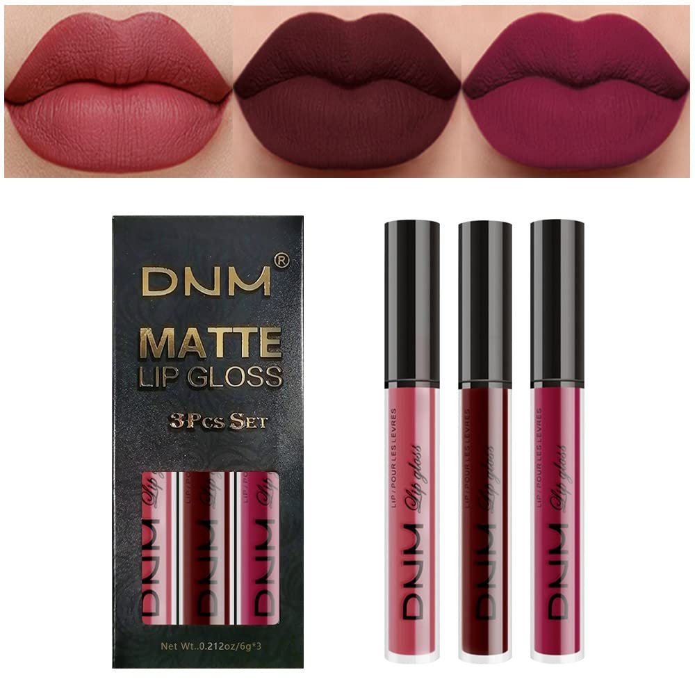 AMY'S DIARY 3Pcs Dark Red Matte 24 hour Liquid Lipstick Sets,Matte Lip Stain Long Lasting 24 Smudge Waterproof Lip Gloss Gift Makeup Set Lipstick for Women Lippies (06)