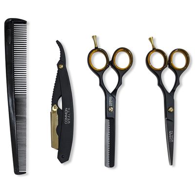 Common Wealth Professional Barber Kit 5.5" Scissors Hair Thinning Shears Straight Razor 7" Comb & Travel Case