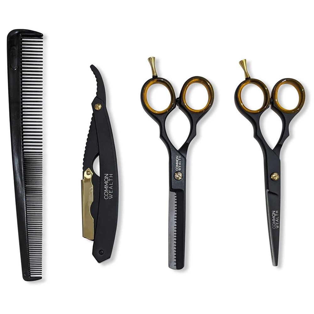 Common Wealth Professional Barber Kit 5.5" Scissors Hair Thinning Shears Straight Razor 7" Comb & Travel Case