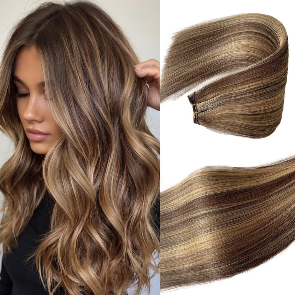 Sew in Hair Extensions Real Human Hair Brown and Blonde Weft Hair Extensions, 12 Inch 80G, Soft Straight P4/27 Highlight Bundles Brown and Blonde Sew in Human Hair Wefts for Women