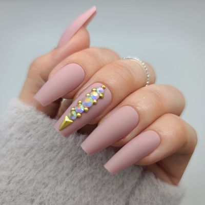Press On Nails, False Nails, Glue on Nails, Manicure (Nude Rhinestones - Medium Length)
