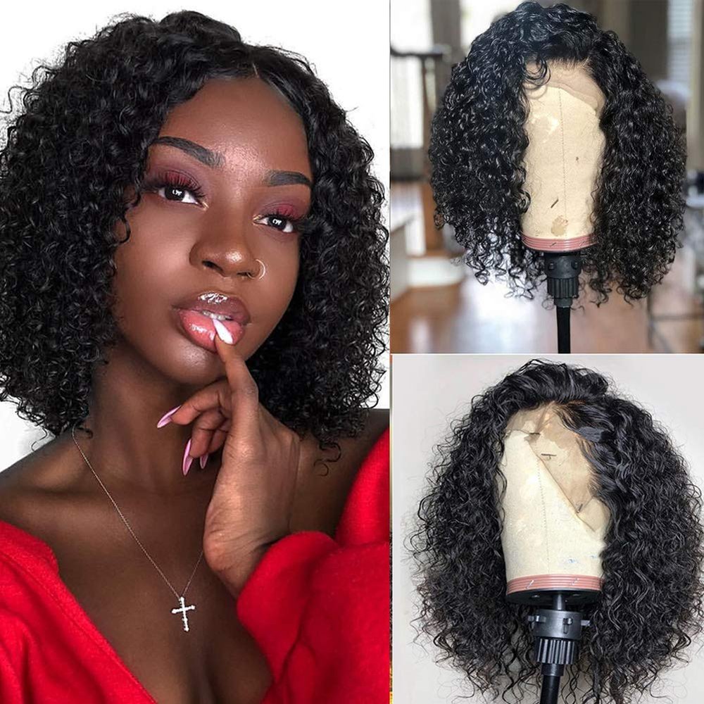 13x4 Lace 150% Density Wigs Human Hair Pre Plucked Curly Lace Front Bob Wigs Wet and Wavy Virgin Hair with Baby Hair 14 Inch for Black Women Natural Color