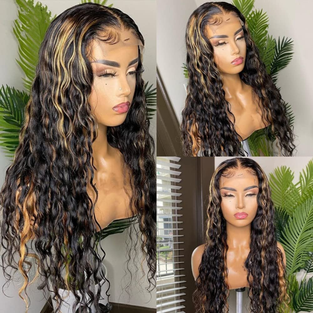 1b/27 Highlight Wig Human Hair Water Wave Wig Honey Blonde Silk Top Lace Front Wigs Colored Human Hair Wigs 150 Density 22inch Transparent Lace Wigs in Stock