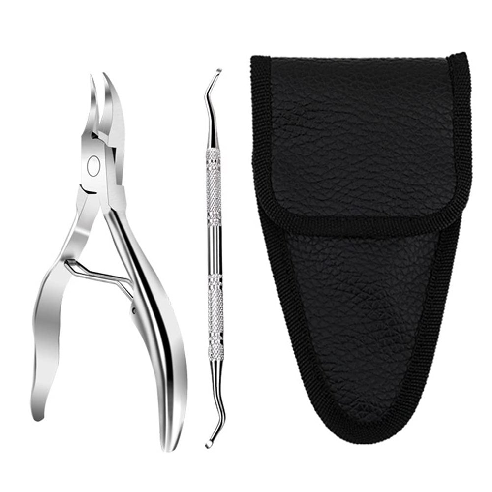 FOMIYES Cuticle Trimmer with Cuticle Pusher, 2Pcs Professional Cuticle Remover Tool Kit, Stainless Steel Nail Clippers for Thick and Ingrown Toenails, Pedicure Manicure Tools