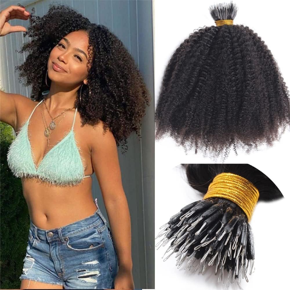 Nano Ring I Tip Human Hair Extension Afro Kinky Curly Nano Ring Hair Extension Micro Beads Small Curly Microlinks Hair Extension 100g 100strands (10inch 100strands, #4(Dark Brown))