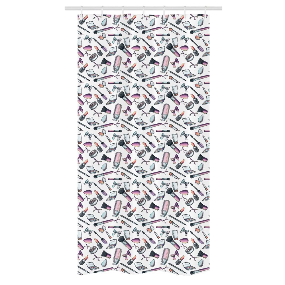Ambesonne Cosmetics Stall Shower Curtain, Girly Fashion Makeup Female Beauty Eyeliner Blush Mascara Lipstick Powder, Decorative Fabric Set with Hooks for Bathroom, 36" W x 72" L, Purple Pale Pink