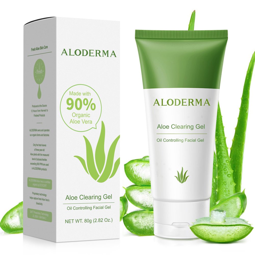 Aloderma Aloe Clearing Gel for Clear Complexion with 90% Organic AloeVera - Moisturizing, Oil Controlling Facial Lotion with Allantoin, Wintergreen Extract - Soothing, Skin Calming Aloe Gel, 2.8oz