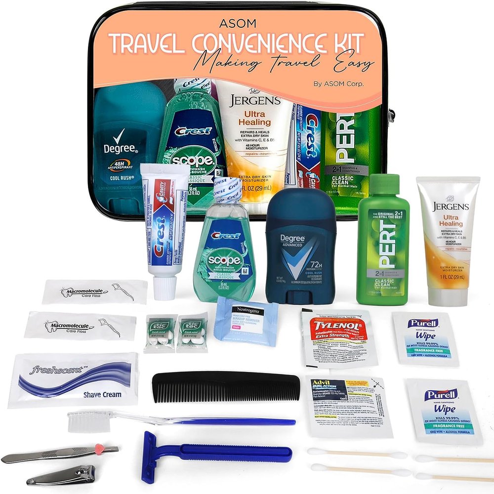 Asom Toiletry Travel Kit - 20 Piece TSA Approved Personal Care & Hygiene Essentials Set for Men & Women, Pre-Filled Convenience for Travel, Airplane Carry-On Ready