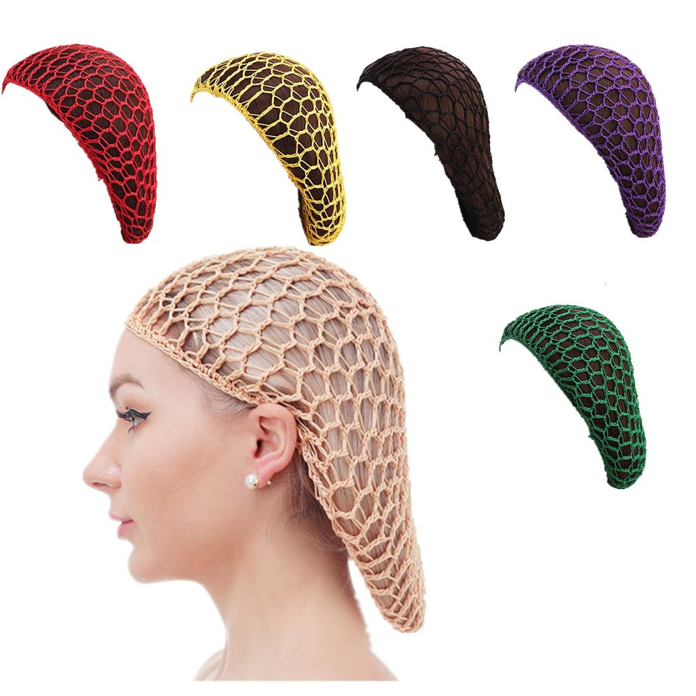 KXY 5 Pieces Knitted Mesh Hair Net Rayon Crocheted Hair Nets Snood Hat Crocheted Protective Sleep Cap Bonnet Hijab Cap (Red+Yellow+Green+Purple+Black)