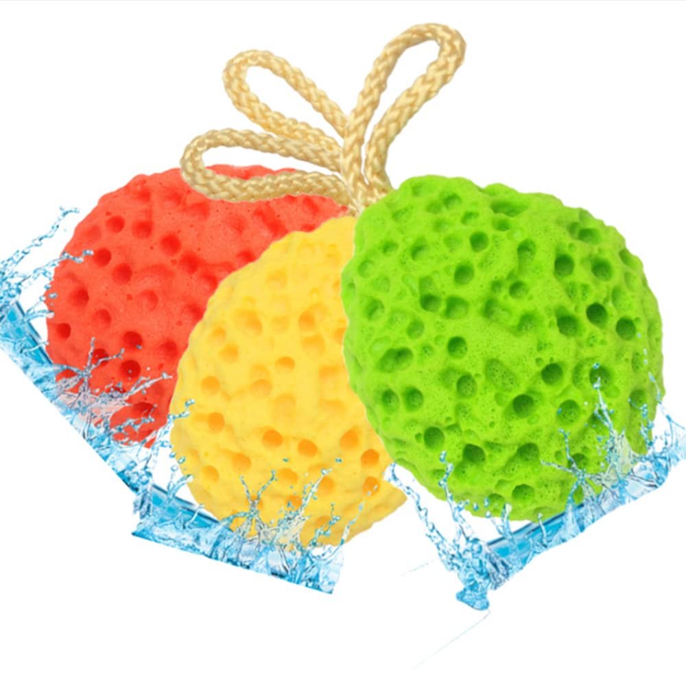 3PCS Multi-Colored Soft Bath Foam Sponge Exfoliating Body Shower Sponge Double-Sided Fiber Sponges for Women and Men Body Cleaning Supplies