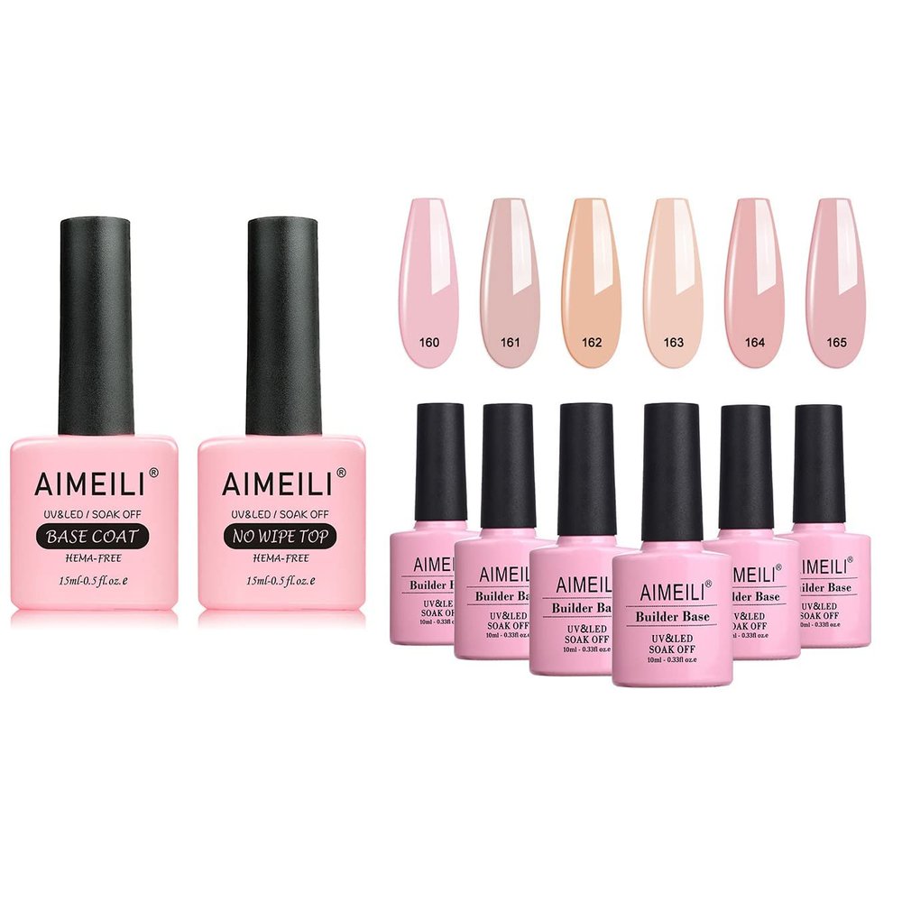AIMEILI Builder Base Sheer Clear Color Gel Set with Gel Base Coat No Wipe Top Coat