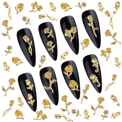 TOROKOM 120 PCS 3D Gold Rose Nail Art Charms Romantic Flowers Nails Decorations Alloy Nail Charms for Girls Women DIY Nail Design Craft Jewelry Making