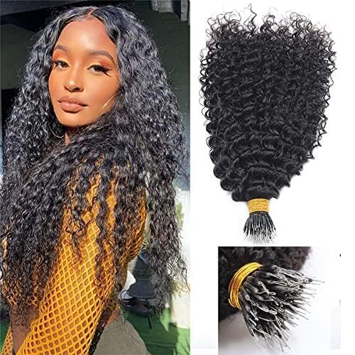 Kinky Curly Nano Ring Human Hair Extension Micro Beads Mongolian Remy Small Curly Nano Ring I Tip Hair Curly Microlink Hair Extension 100g 100strands (18inch 100strands, #1(Jet Black))