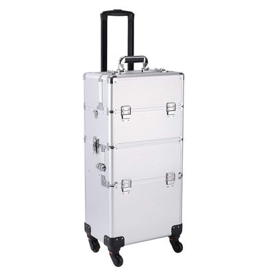 3 in 1 Cosmetic Makeup Train Case, Large Rolling Aluminum Trolley Makeup Travel Case Professional Rolling Cosmetic Beauty Storage Box with 360 Swivel Wheels (Silver)