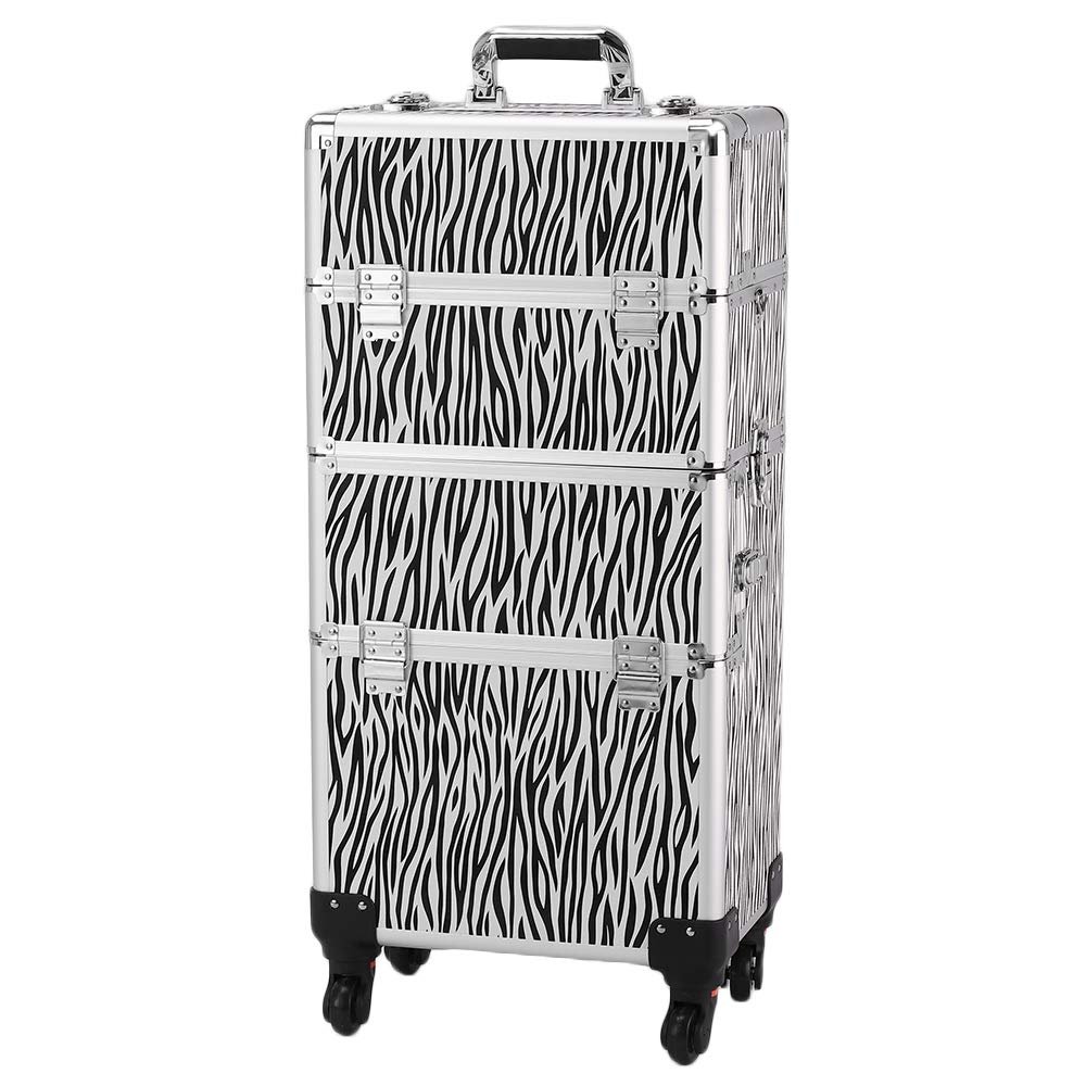 3 in 1 Cosmetic Makeup Train Case, Large Rolling Aluminum Trolley Makeup Travel Case Professional Rolling Cosmetic Beauty Storage Box with 360 Swivel Wheels (White Zebra Print)