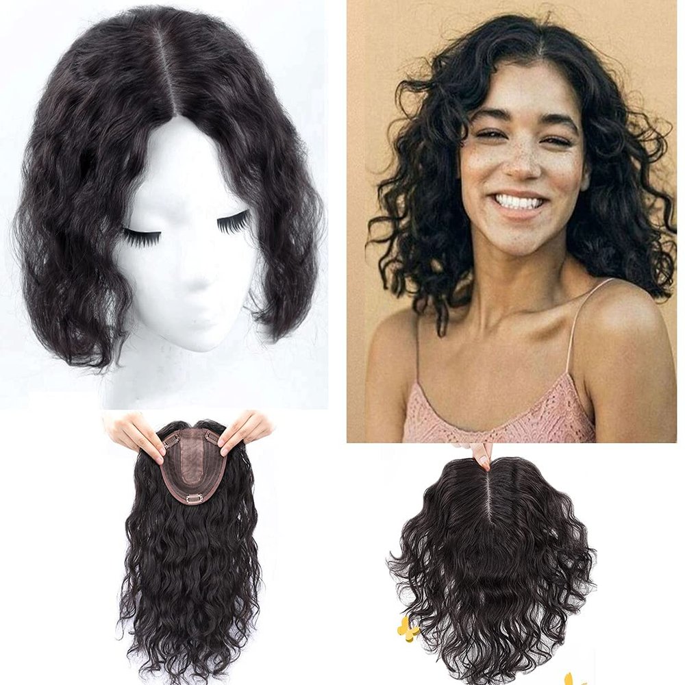 14" Curly 100% Human Hair Topper for Women with Thinning Hair Topper Clip in Hair Extentions,Wavy Hairpiece Clip on Toupee Topper Hair Piece for Women Cover Gray Hair(Middle Part,Natural Black)