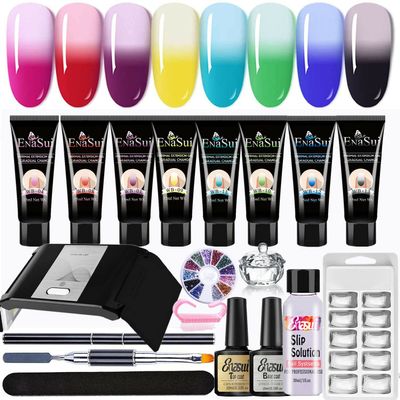 Poly Nail Extension Gel Temperature Color changing Nail Builder Gel Kit Builder Gel for Nails with 36W LED Nail Lamp Nail Extension Gel 8 Pcs 0.5oz with Slip Solution