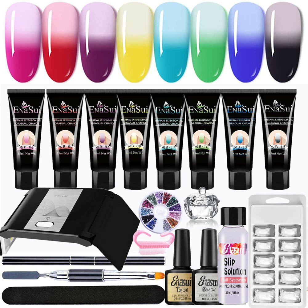 Poly Nail Extension Gel Temperature Color changing Nail Builder Gel Kit Builder Gel for Nails with 36W LED Nail Lamp Nail Extension Gel 8 Pcs 0.5oz with Slip Solution