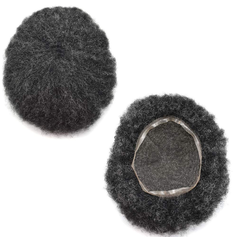 Afro Toupee For Black Men African American Men Kinky Curly Full French Lace Hair Replacement System Brazilian Human Hair All Transparent Lace Afro Wavy Men Wig Black Hair Units (1# Jet Black-8mm Afro Tight Curl)