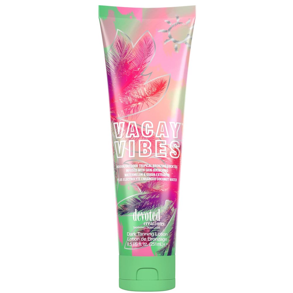 Devoted Creations Vacay Vibes Tanning Lotion Indoor/Outdoor Tropical Bronzing Cocktail Infused with Skin Quenching Watermelon and Guava Extracts, plus Electrolyte Enhanced Coconut Water 8.5 oz.