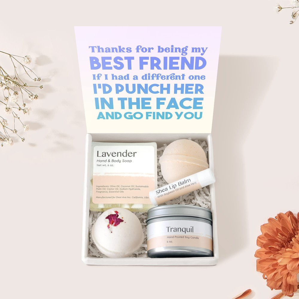 Dear Ava Spa Gifts for Women - Organic Self Care luxury Anti Stress Relaxing Bath and Body Kit Set Basket Box for Her with Heartfelt Card - Funny Gift for Friend