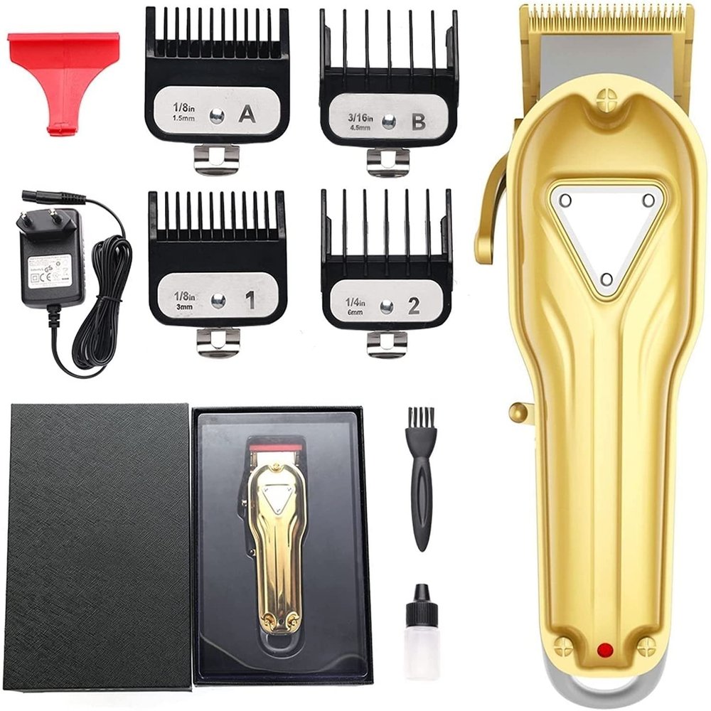 Dongng Hair Clippers,Professional Cordless Electric Haircut Set,Rechargeable Quiet Hair Cutter with 6 Guide Combs,High Power,Easy to Carry High Carbon-Steel Cutting Blades (Color : Gold)