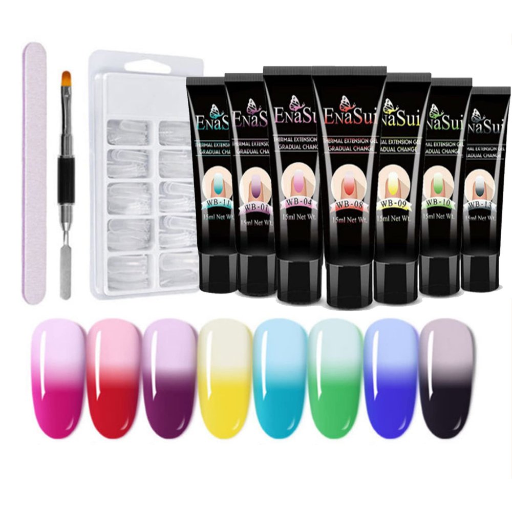 8 Colors Poly Nail Extension Gel Temperature Color changing Nail Builder Gel Kit Builder Gel Nail File Nail Extension Forms Nail Brushs Set for Nails