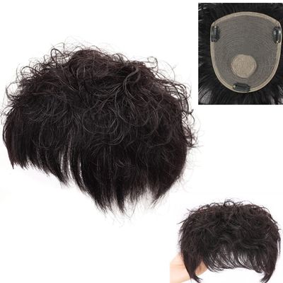 16x17cm Short Pixie Cut Curly Real Human Hair Topper for Women,Invisible Fluffyment Large Area Real Human Hair Pieces for Hair Loss/White Hair Off Black. (16 * 17, Off Black)