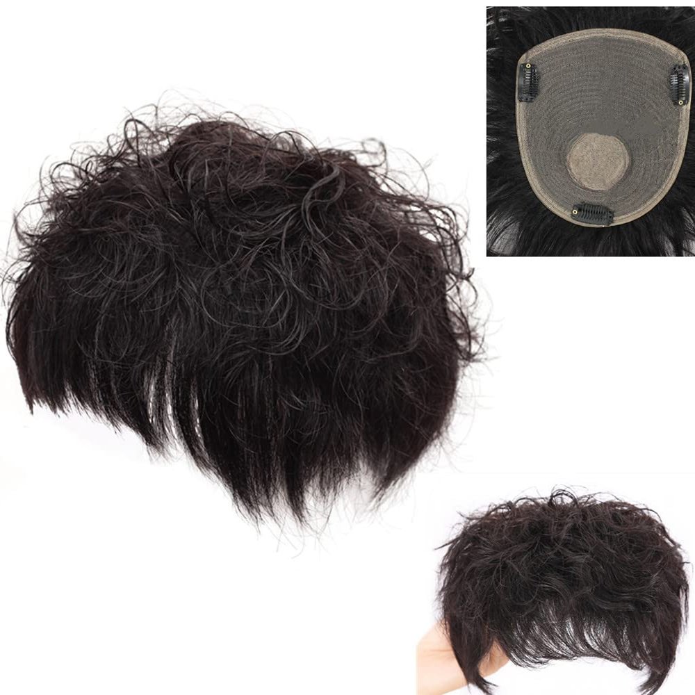 16x17cm Short Pixie Cut Curly Real Human Hair Topper for Women,Invisible Fluffyment Large Area Real Human Hair Pieces for Hair Loss/White Hair Off Black. (16 * 17, Off Black)