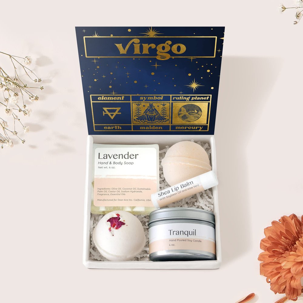 Dear Ava Spa Gifts for Women - Organic Self Care luxury Anti Stress Relaxing Bath and Body Kit Set Basket Box for Her with Heartfelt Card - Virgo Birthday Gift