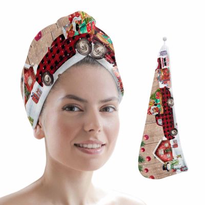 LEOKOTI Christmas Hair Towel Wrap with Buttons, Red Truck with Xmas Tree Gnomes Gifts on Wooden Board Microfiber Super Absorbent Bath Shower Hair Drying Cap for Women, 26" x 10"