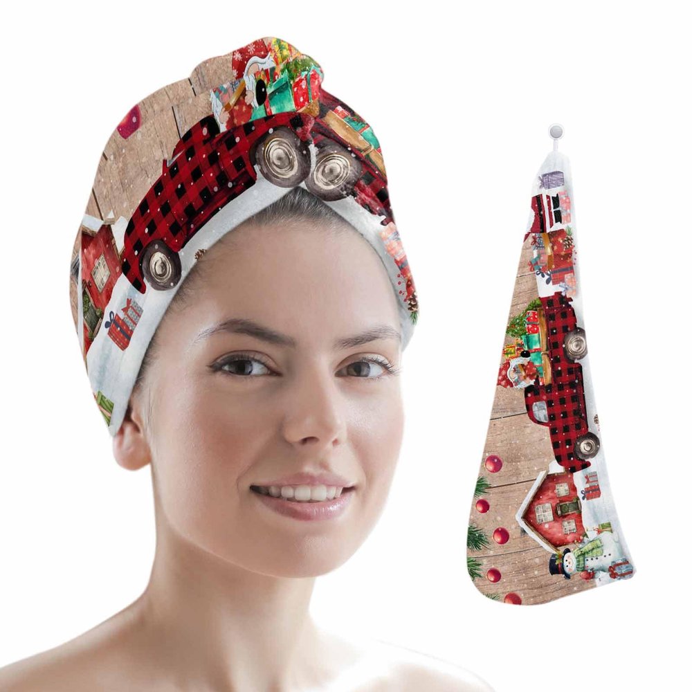 LEOKOTI Christmas Hair Towel Wrap with Buttons, Red Truck with Xmas Tree Gnomes Gifts on Wooden Board Microfiber Super Absorbent Bath Shower Hair Drying Cap for Women, 26" x 10"