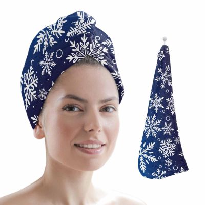 LEOKOTI Christmas Hair Towel Wrap with Buttons, White Xmas Snowflake Blue Backdrop Microfiber Super Absorbent Bath Shower Hair Drying Cap for Women, 26" x 10"