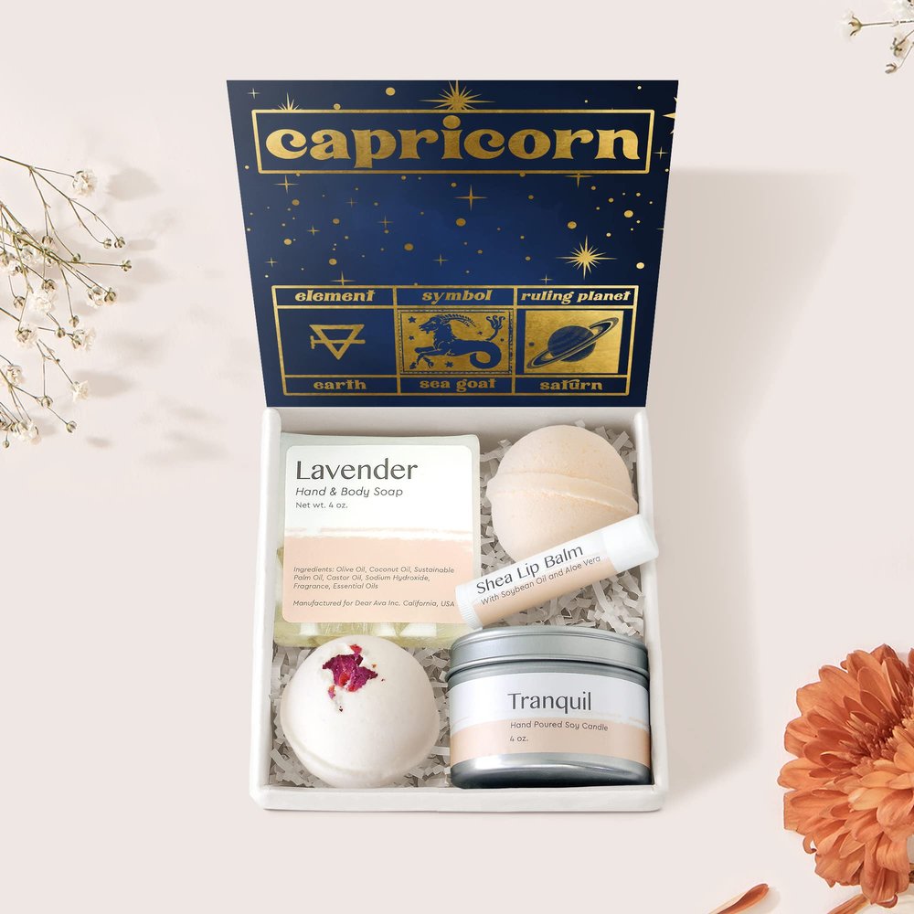Dear Ava Spa Gifts for Women - Organic Self Care luxury Anti Stress Relaxing Bath and Body Kit Set Basket Box for Her with Heartfelt Card - Capricorn Zodiac Birthday Gift