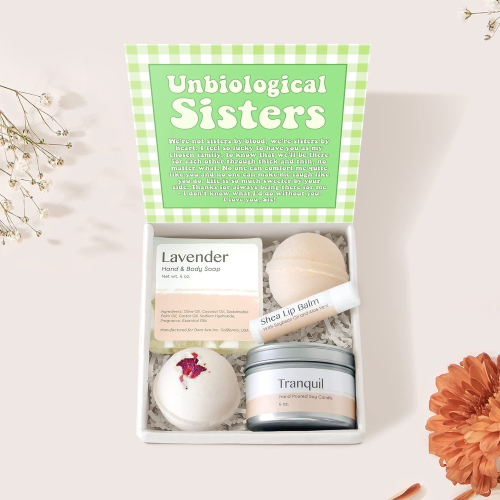 Dear Ava Spa Gifts for Women - Organic Self Care luxury Anti Stress Relaxing Bath and Body Kit Set Basket Box for Her with Heartfelt Card - Memorial Gift for Unbiological Sister