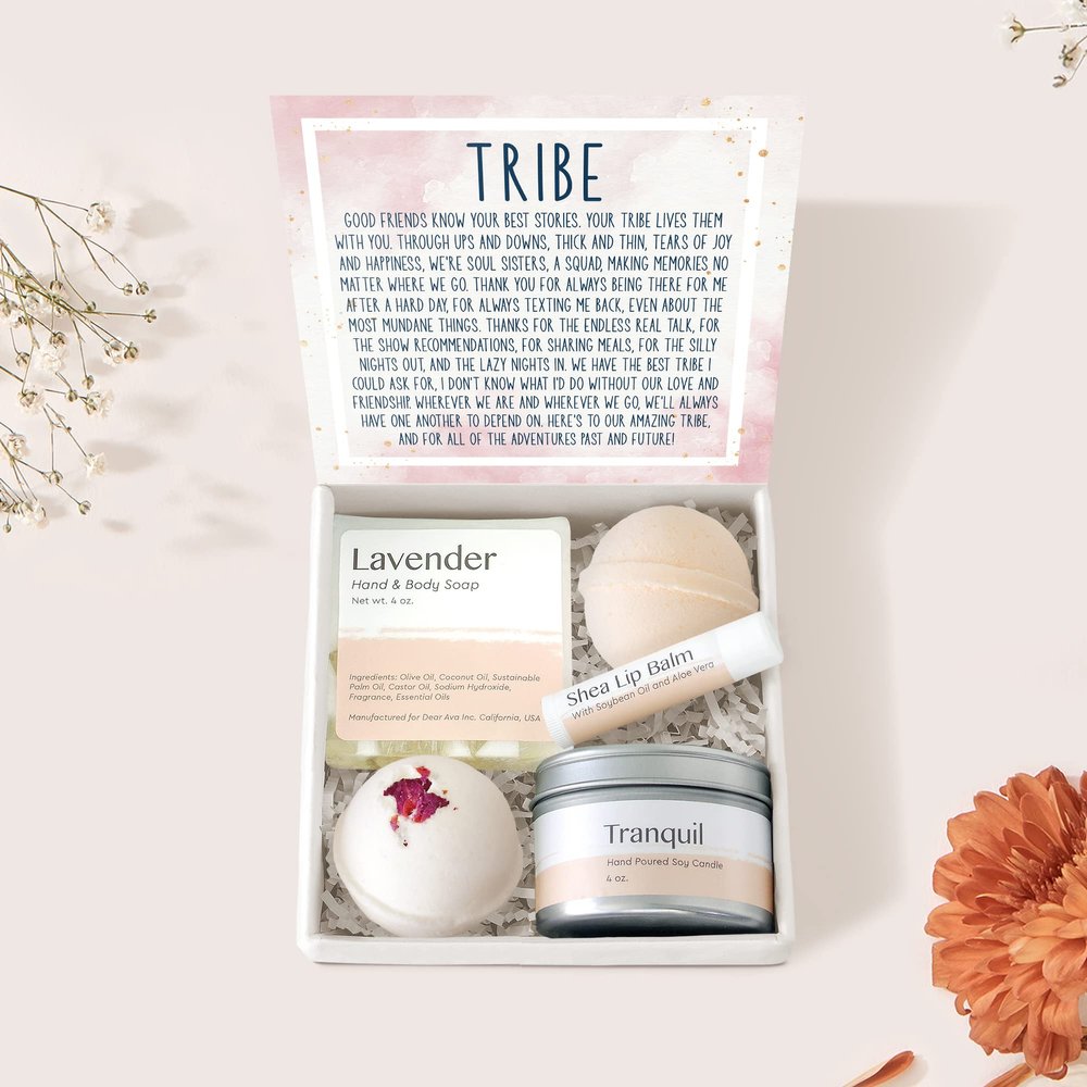 Dear Ava Spa Gifts for Women - Organic Self Care luxury Anti Stress Relaxing Bath and Body Kit Set Basket Box for Her with Heartfelt Card - Friendship Gift for Tribe