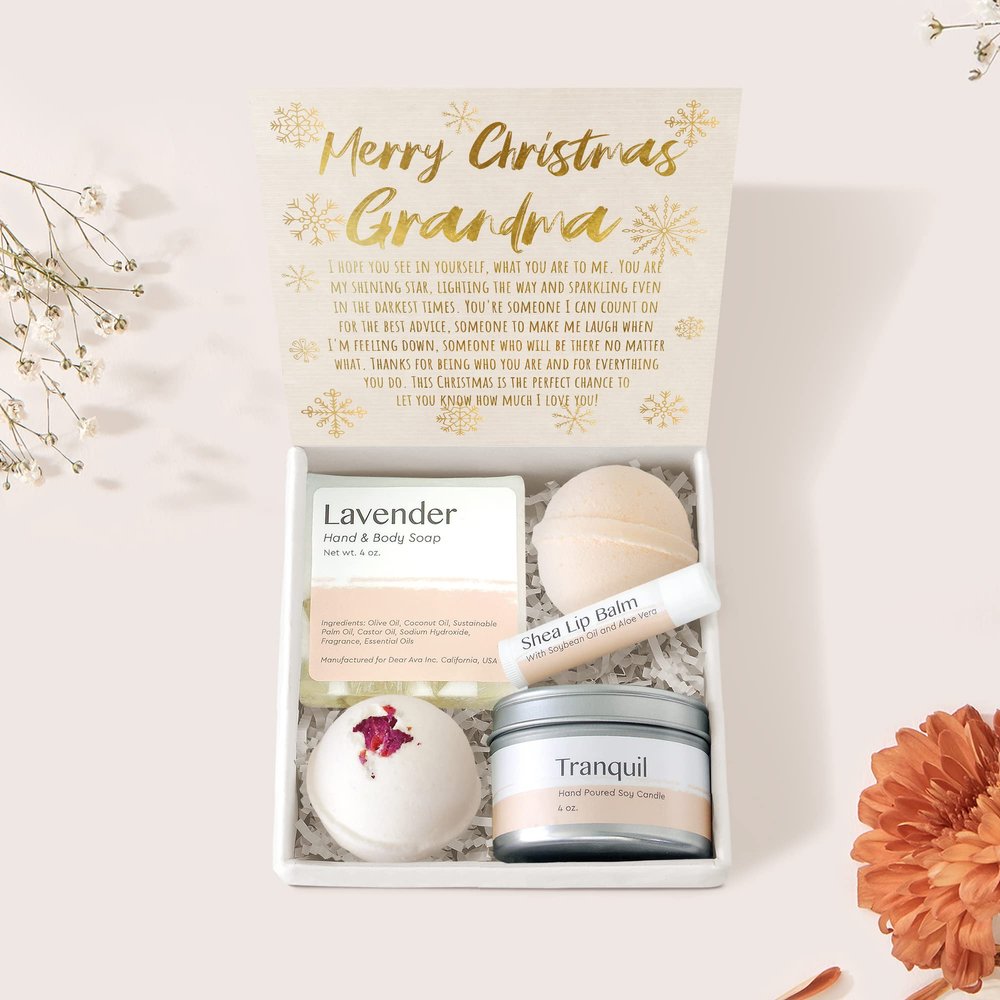 Dear Ava Spa Gifts for Women - Organic Self Care luxury Anti Stress Relaxing Bath and Body Kit Set Basket Box for Her with Heartfelt Card - Christmas Gift for Grandmother Grandma