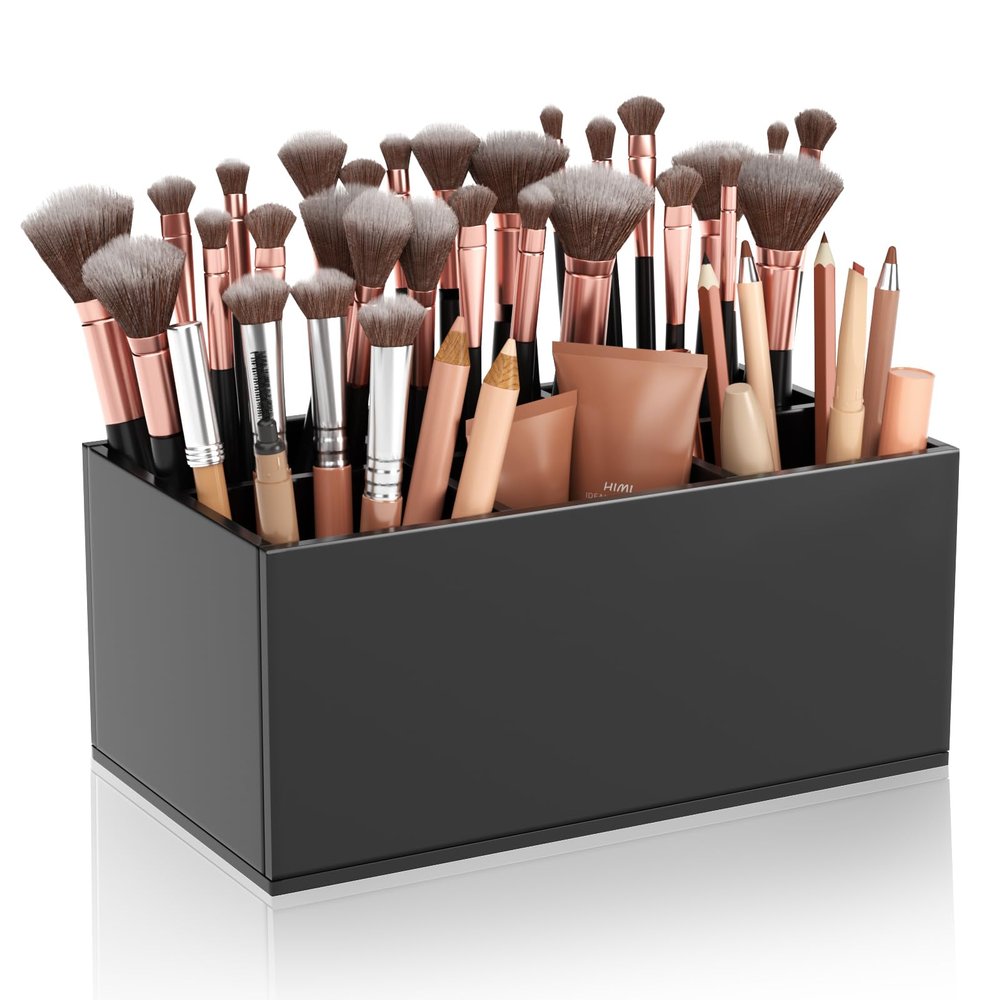 HIIMIEI Black Makeup Brush Holder Organizer Acrylic 6-Slots Cosmetic Brushes Storage Organizer for Vanity Countertop