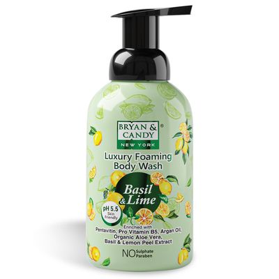 BRYAN & CANDY Basil & Lime Luxury Foaming Body Wash With Pentavitin,Pro Vit B5,Argan Oil,Aloe Vera, Basil & Lemon Peel Extract, Skin Friendly Ph 5.5, All Skin Types, 400 Ml 400 Ml (Pack Of 1) White